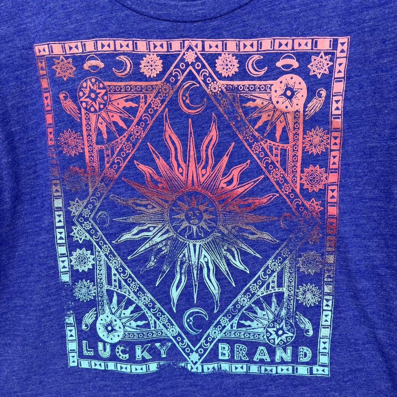 Lucky Brand Womens Small Blue Celestial Sun Moon Graphic Tee Scoop Neck