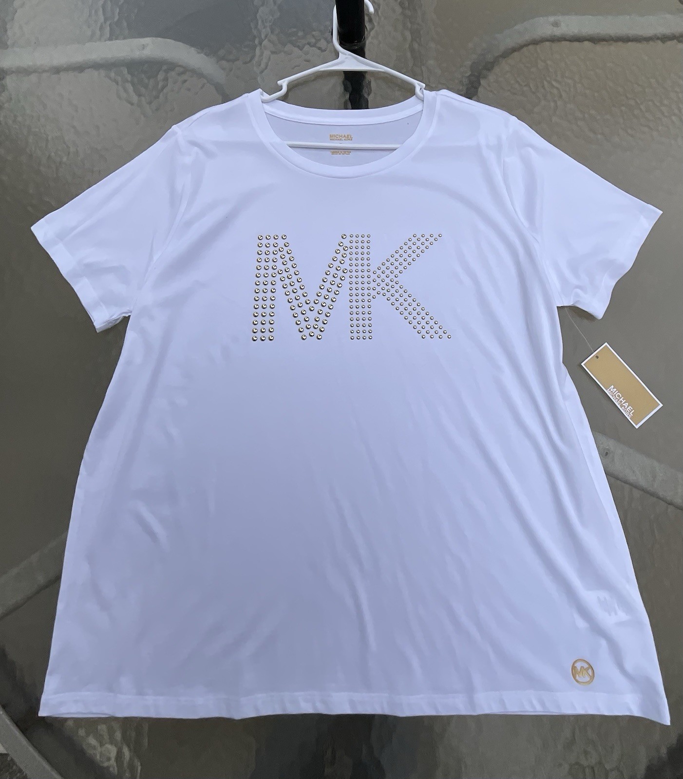 NWT Michael Kors Women’s T-shirt Top White Gold Studded Logo Sz L