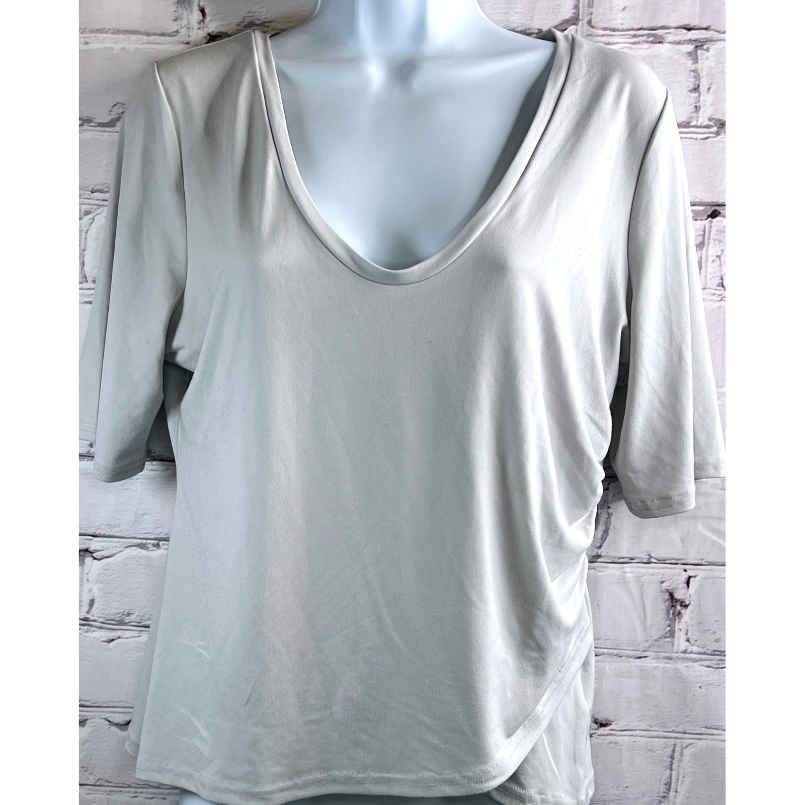 Leith Blouse Ruching Light Gray Top L Womens Faux Wrap V Neck Short Sleeve Work