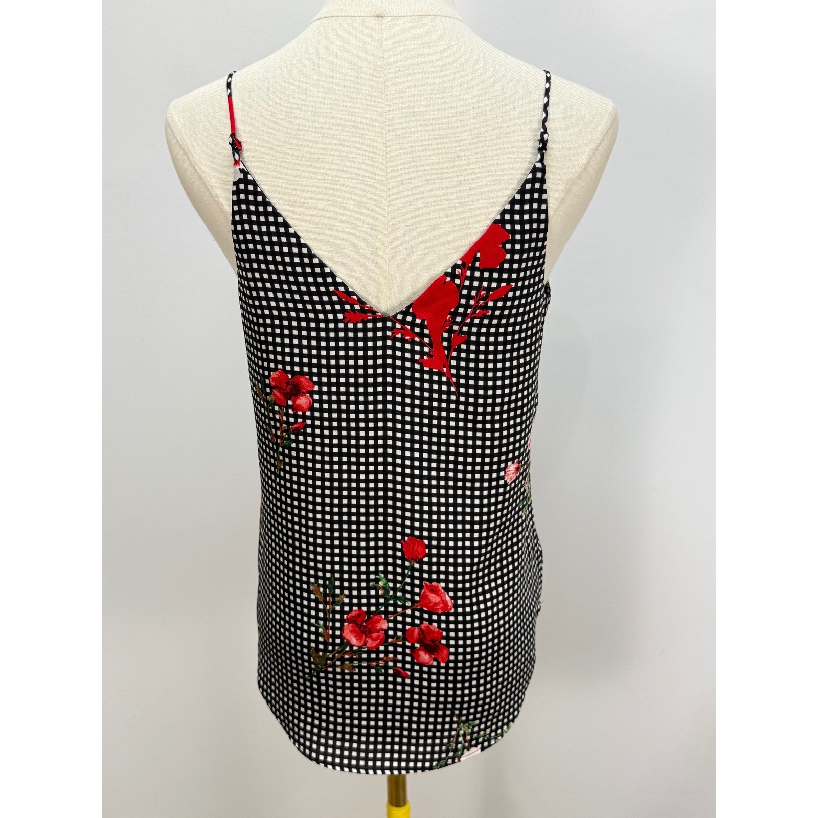Express Gingham Floral Cami Tank Top Black White Red V-Neck Spaghetti Strap XS
