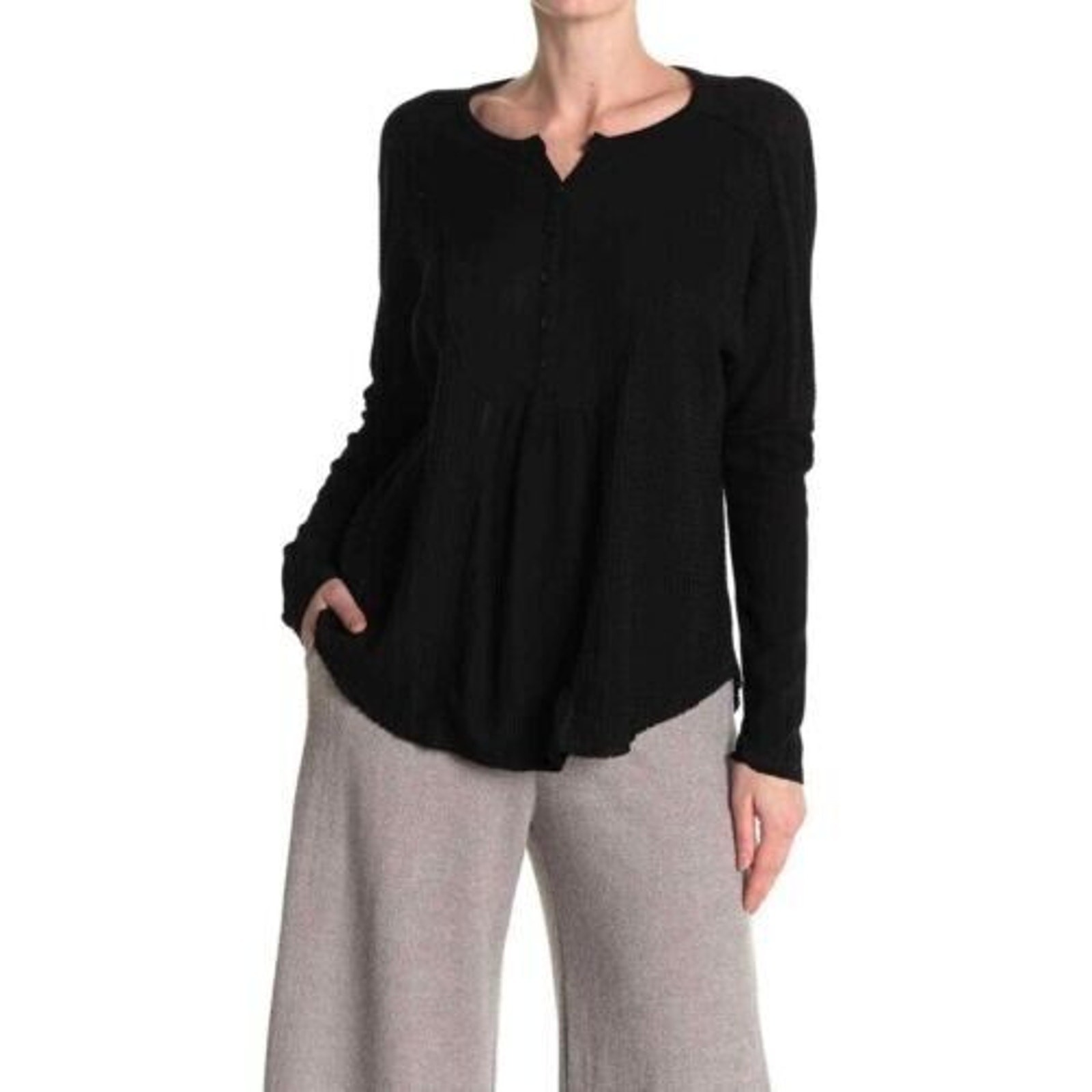 Gibsonlook Women’s Mixed Ribbed Waffle Knit Henley Top Black Small $50