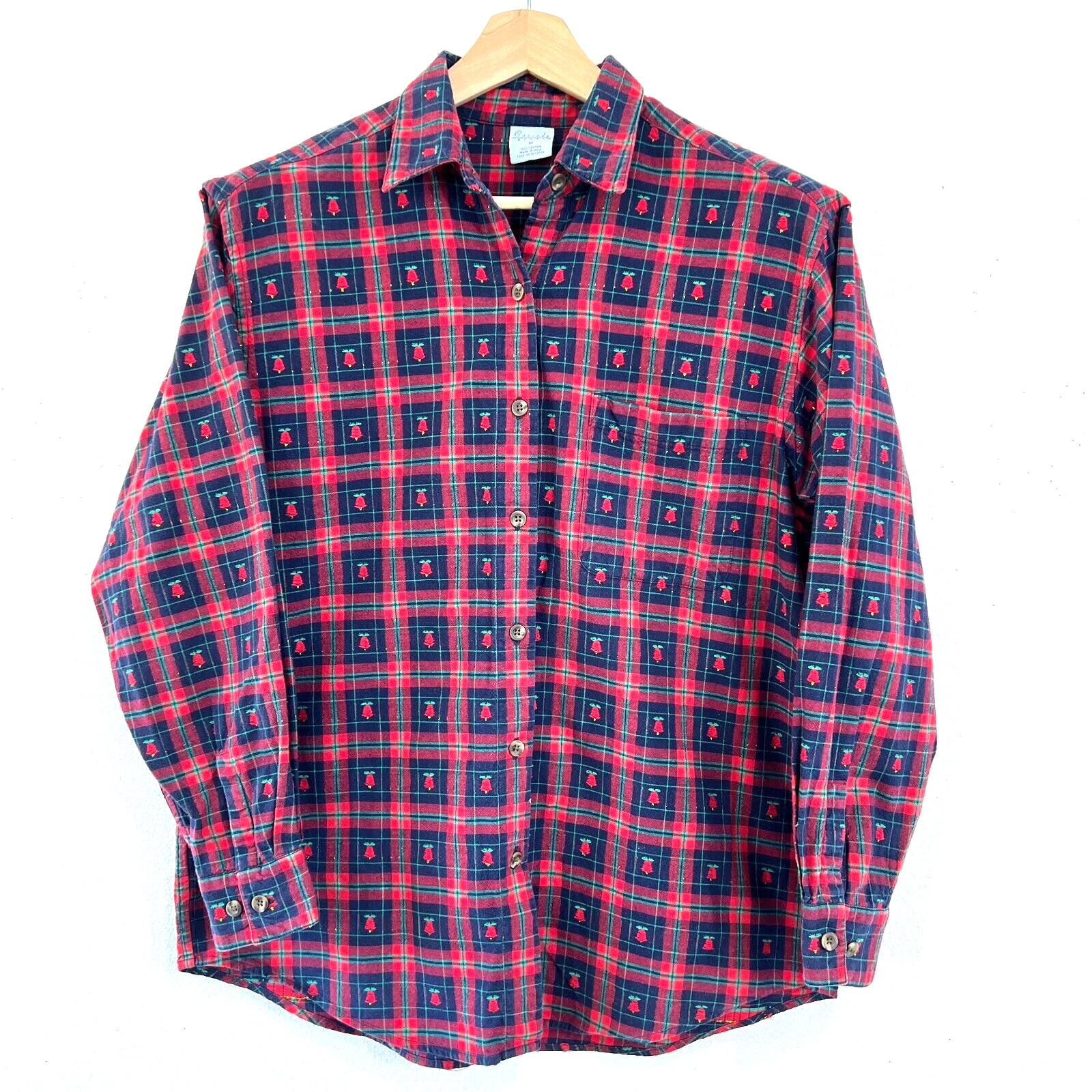 Cascade Blues Shirt Button Up Womens Medium Red Check Christmas Tree Bell Print