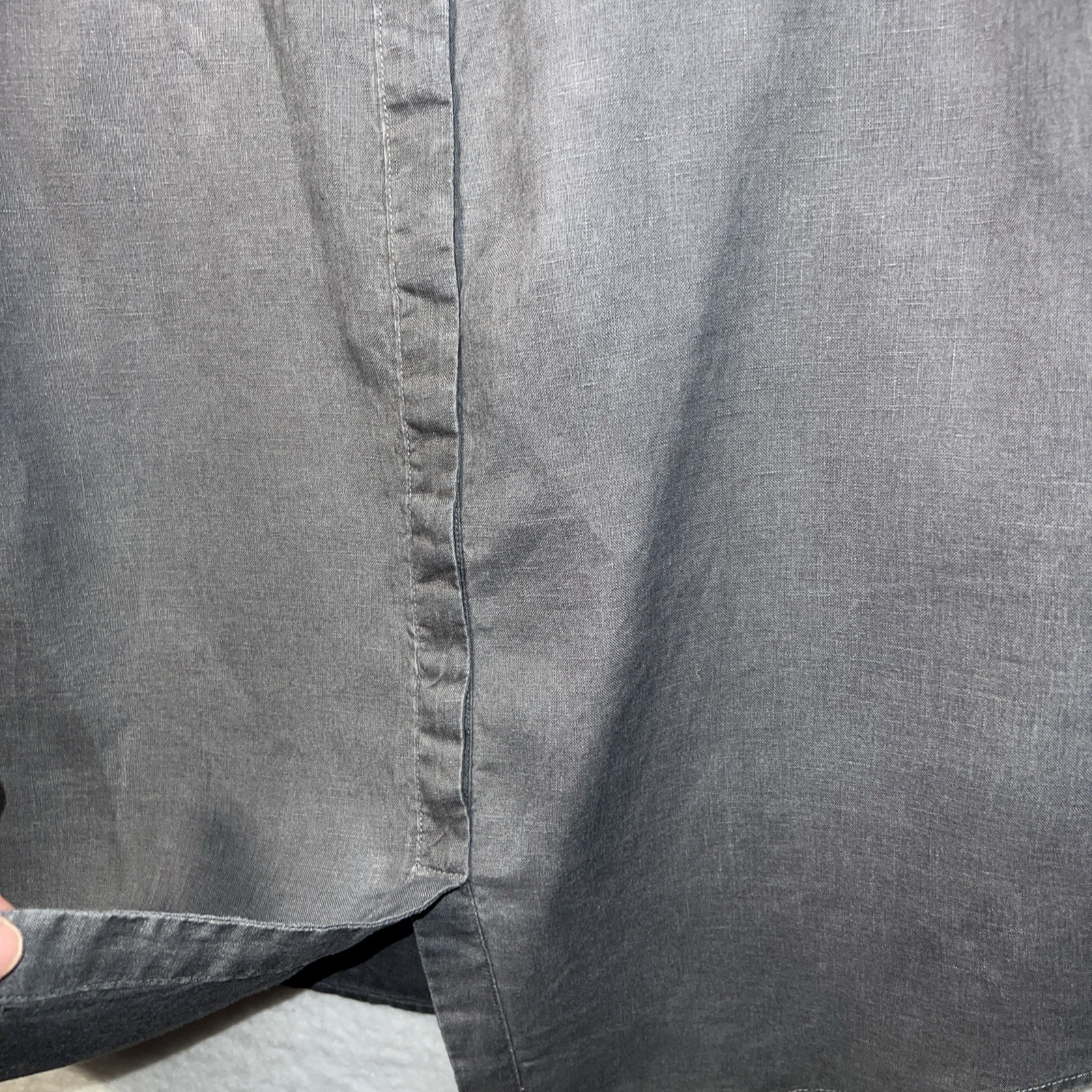 Ellen Tracy Linen Tunic Blouse – Gray Zip Front – Tassel Neck – Roll Tab Slv Sm