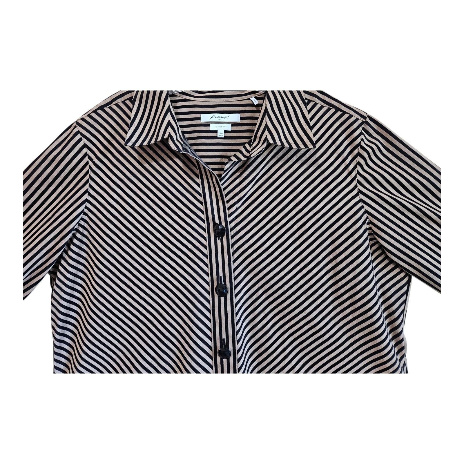 FOXCROFT Women’s Plus 20 W Sateen Blouse Tan Black Bias Striped 3/4 Sleeve 52″