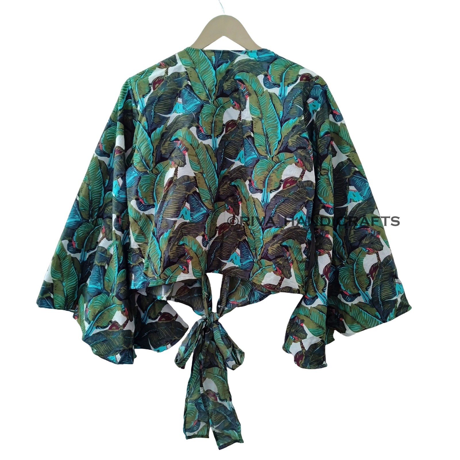 Indian Banana Leaf Cotton 70’s Retro Bell Sleeve Green Beach Cover up Crop top