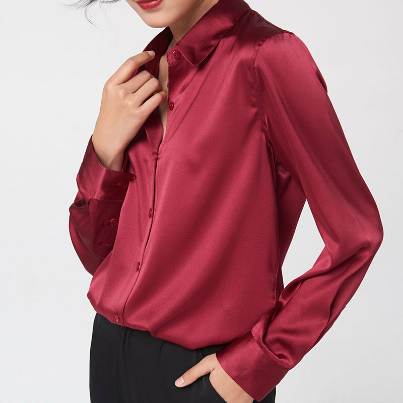Women’s Mulberry Silk Shirt Long-Sleeve Satin Solid Color Button Soft Breathable