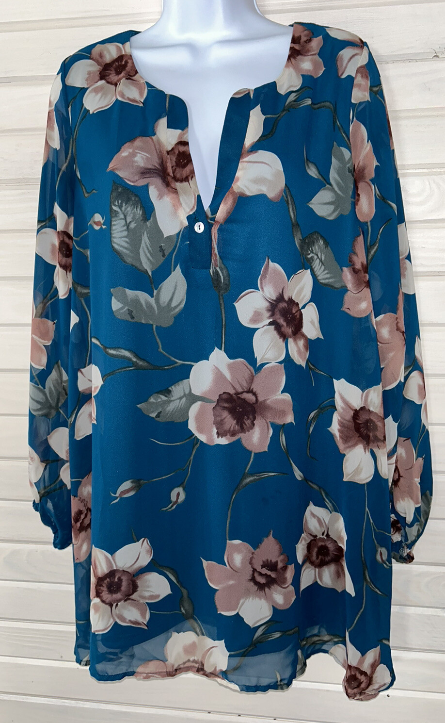 Aura Sz SMALL Blue Pink Floral Lined L/S Adrienne Tunic Blouse USA MADE EUC