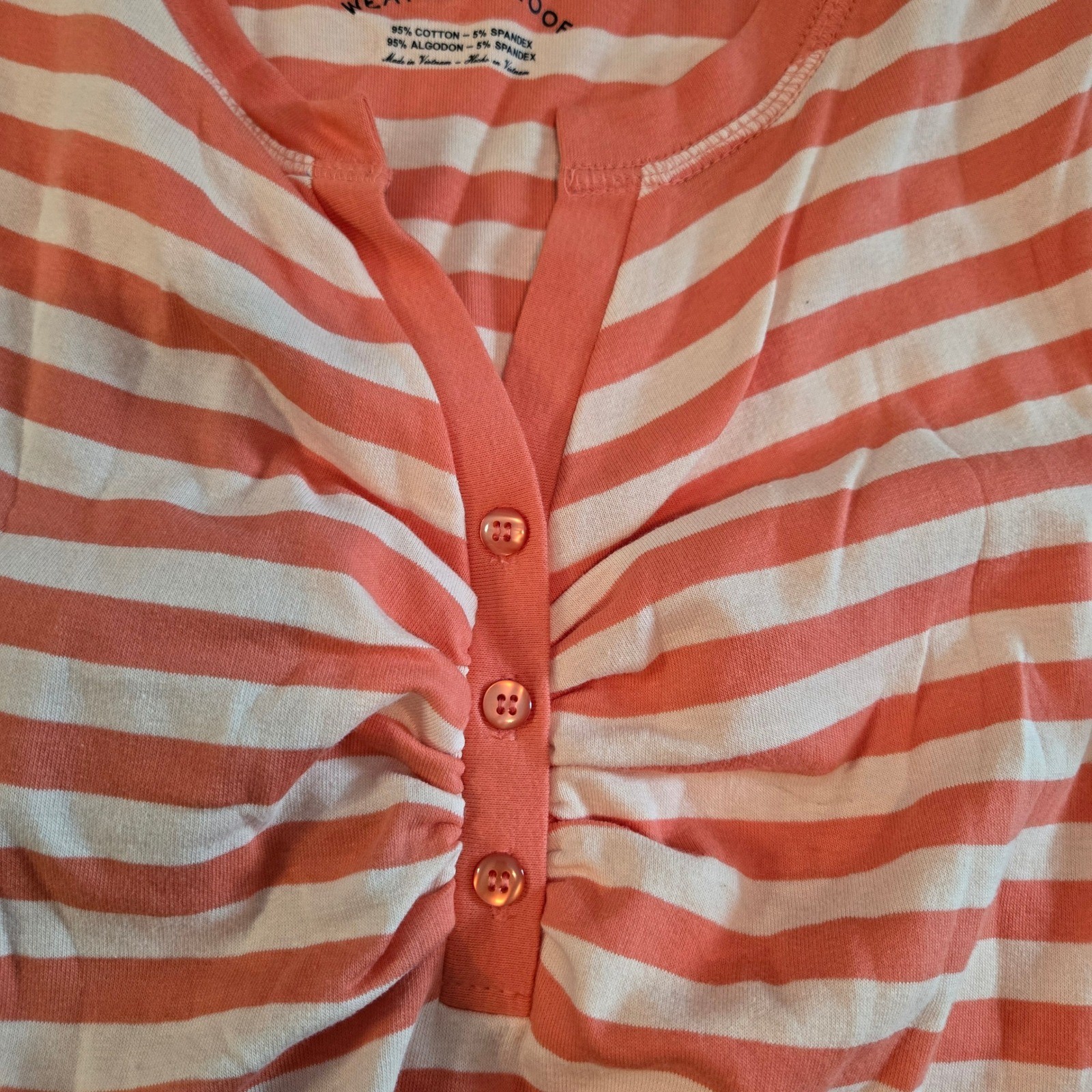 Weatherproof Womens Henley Top Medium Melon Pink Ruched V-Neck Button Summer