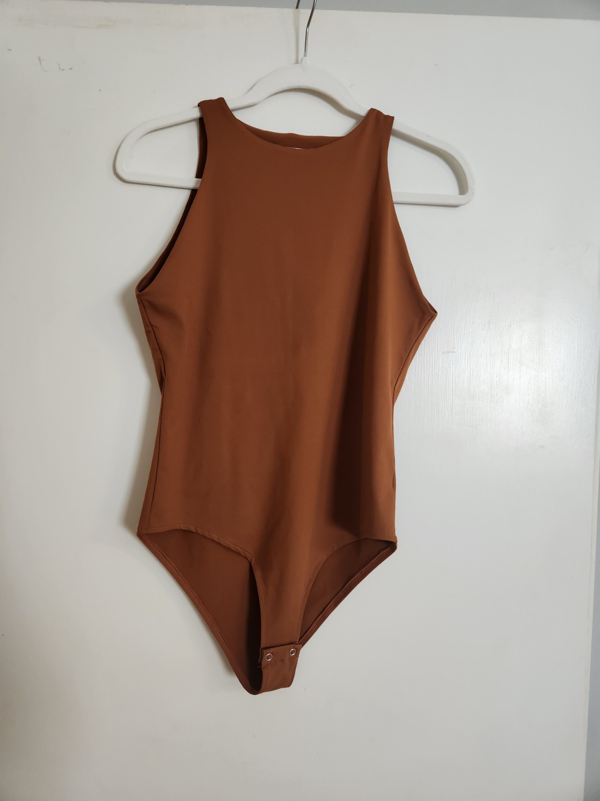 Reoria Womens Large Brown Sleeveless High Neck Bodysuit Stretch Solid Tank Top