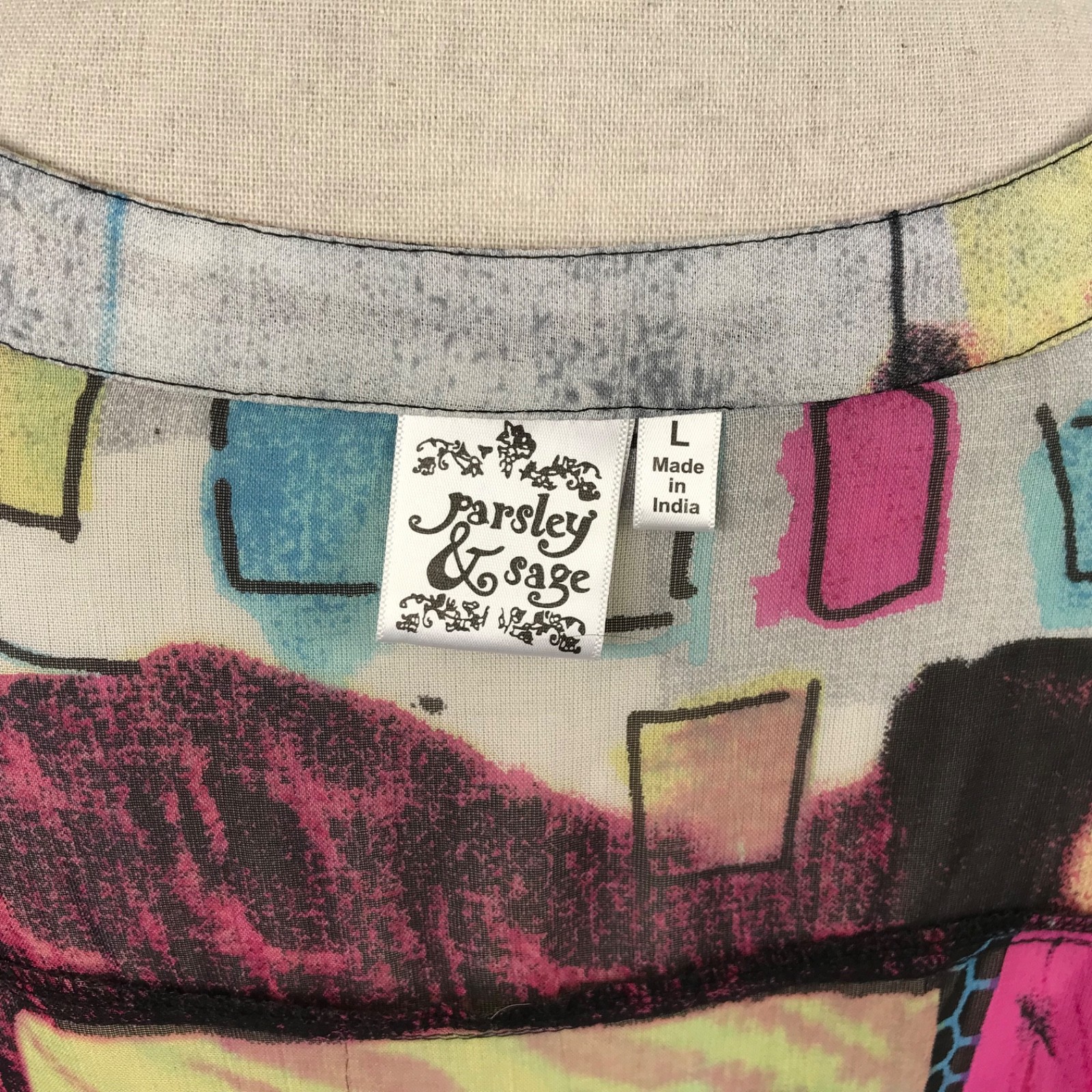 Parsley & Sage Sheer Shirt Blouse Tunic Size L Art to Wear Colorful Lightweight