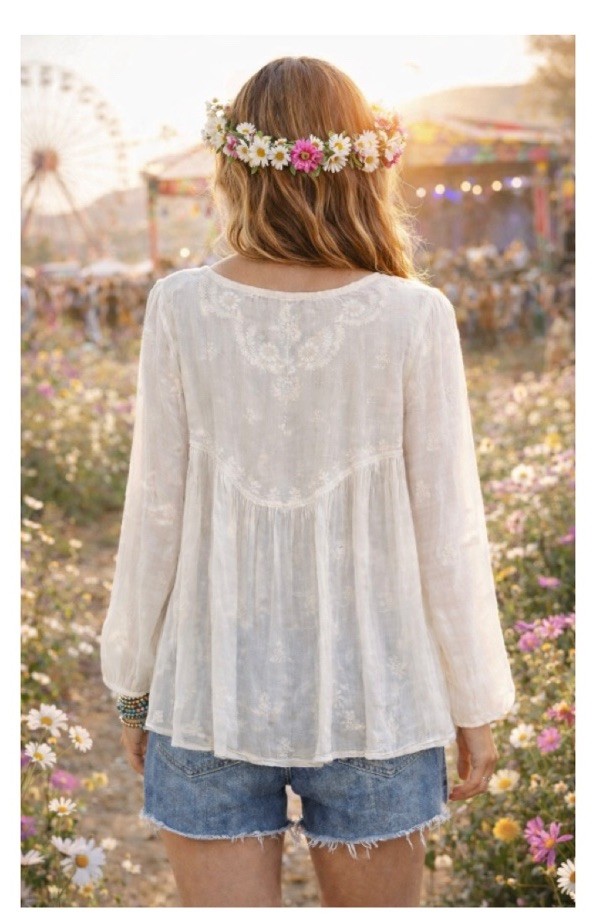 RACHEL ZOE White Boho Chic Hippie Embroidered Airy Smock Top Flower Child NWT S