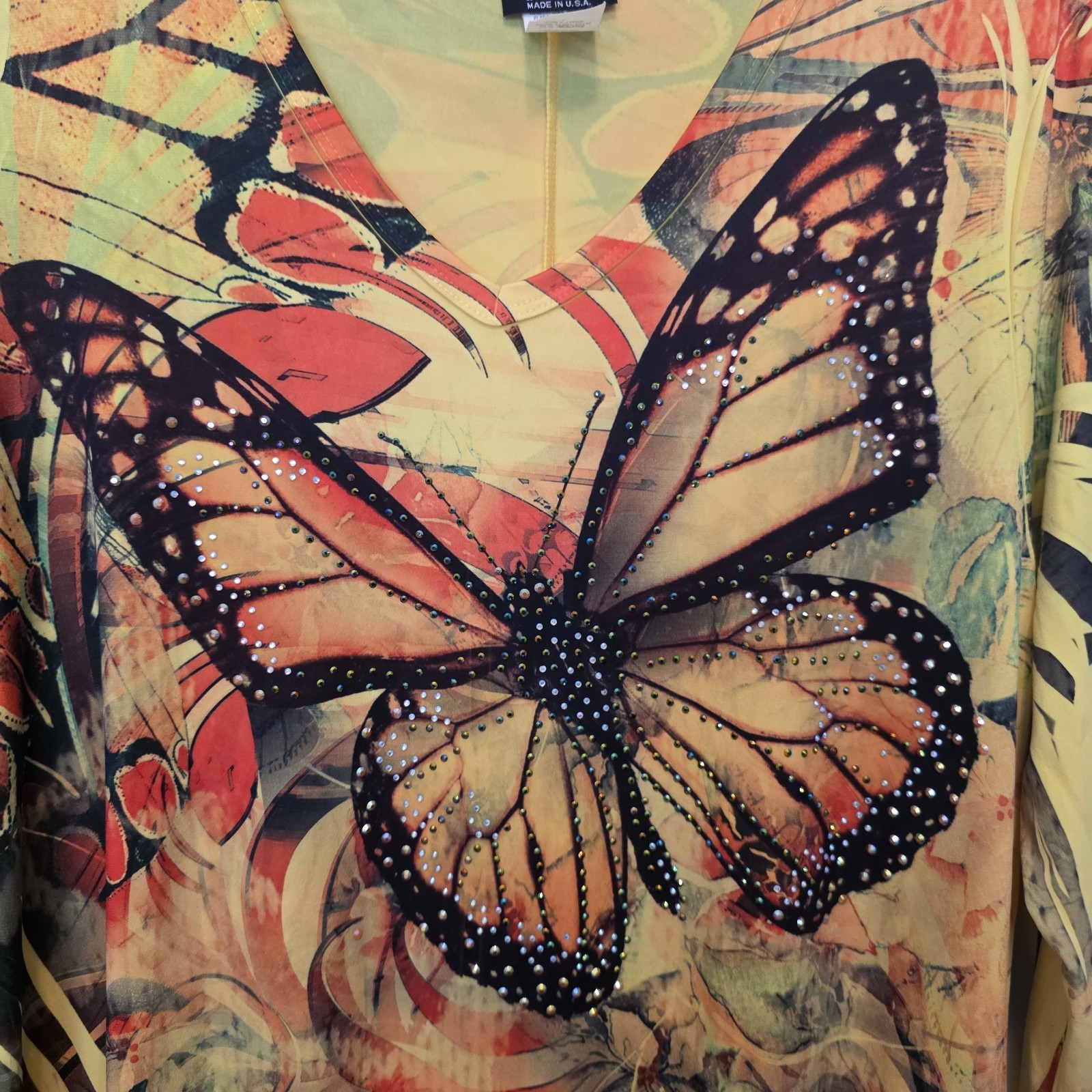 Jostar Top Women’s L Yellow Butterflies Floral Palms Colorful