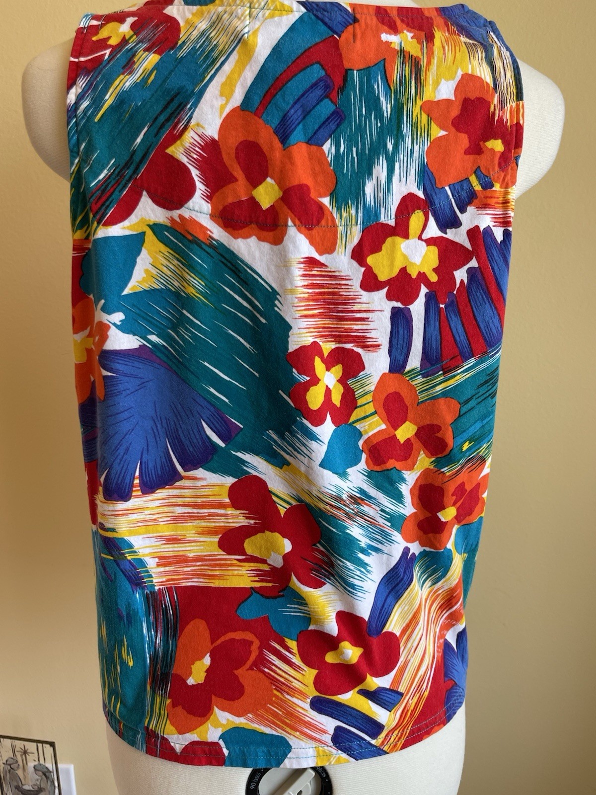 Vintage 80s Break Point Tennis Top Womens Sz Small Abstract Floral Cotton Tank