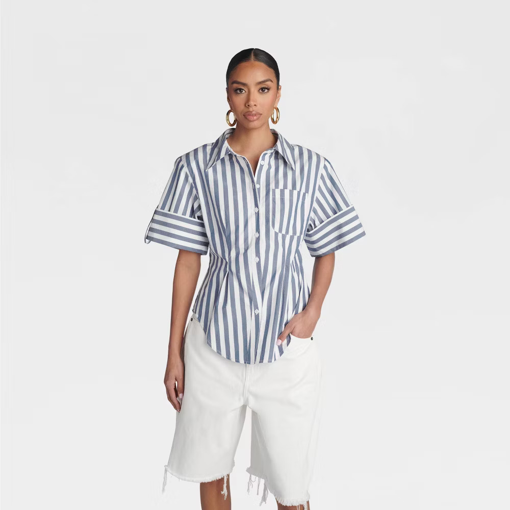 KBB by KAHLANA Women Short Sleeve’ The Hourglass Button-Down Shirt’ – Blue