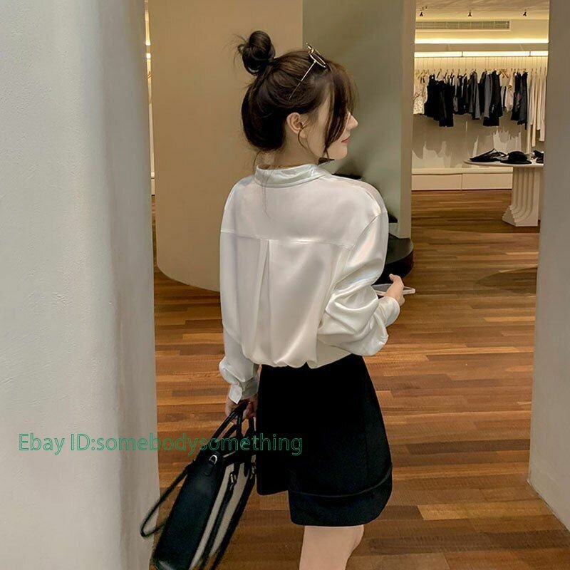 Pocket White Shirts for Women Loose Satin Silk Autumn Long Sleeves Blouse Blusas