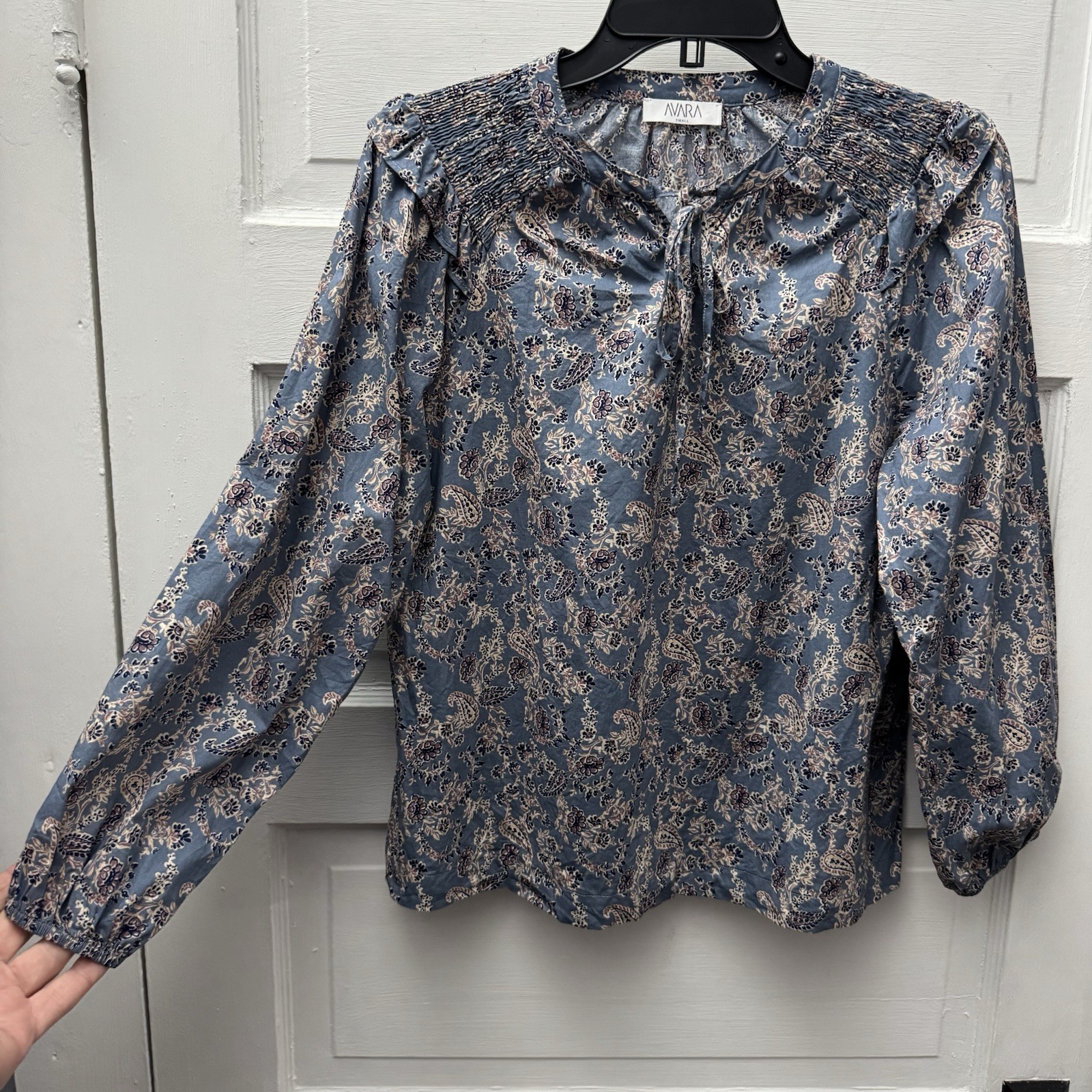 Avara Paisley Blouse Blue Boho Cottagecore Smocked Yoke Tie Neck Size S