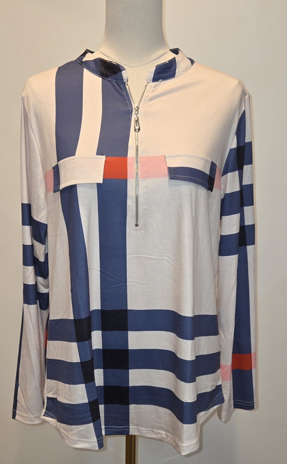 NWT Moyabo Women’s L Quarter Zip Tunic Top Plaid Striped Preppy Career Office