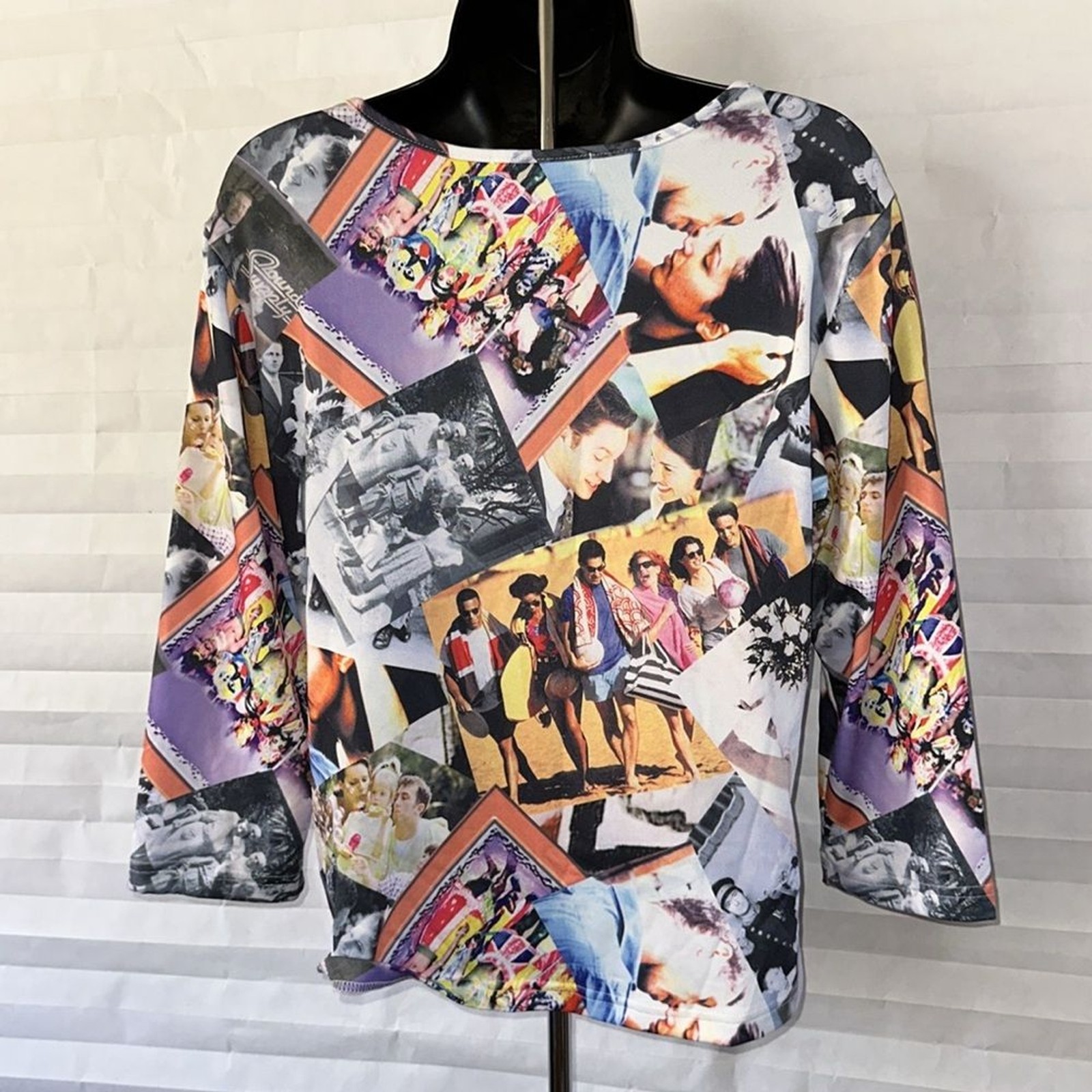 Classic Design Women’s Photo Collage Slinky Polyester Blouse Size L Artsy Top