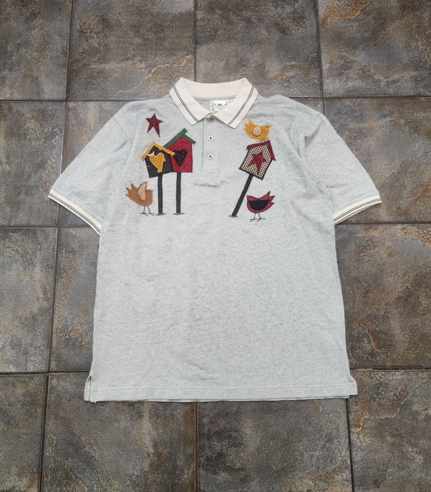 Vintage 90s Women’s Large Embroidered Bird Grandma Cottagecore Polo Shirt
