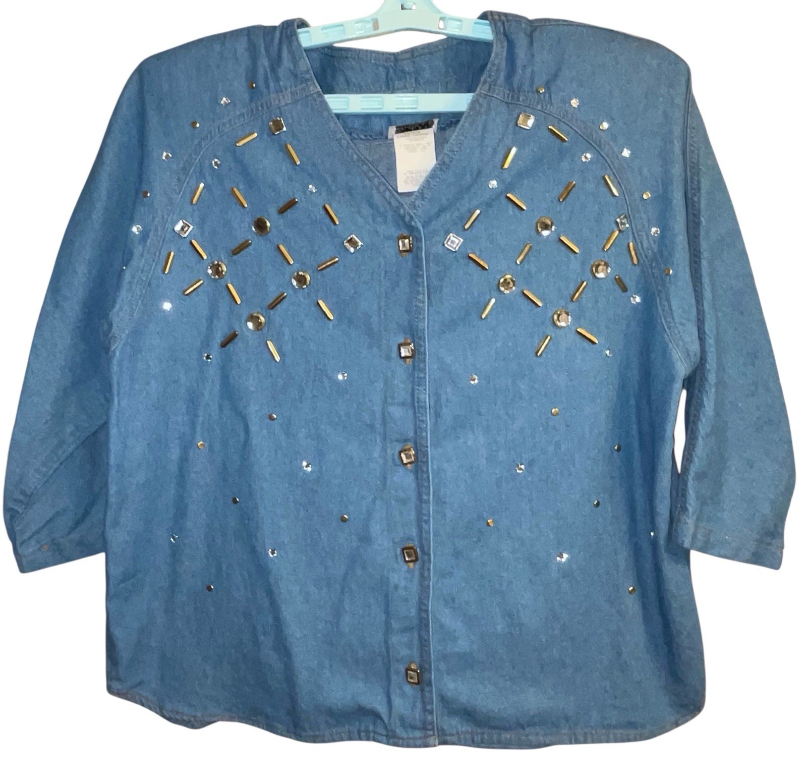 Vtg 80s 90s Denim Petite Large Womens Buttonup Western Embellished Top Jacket