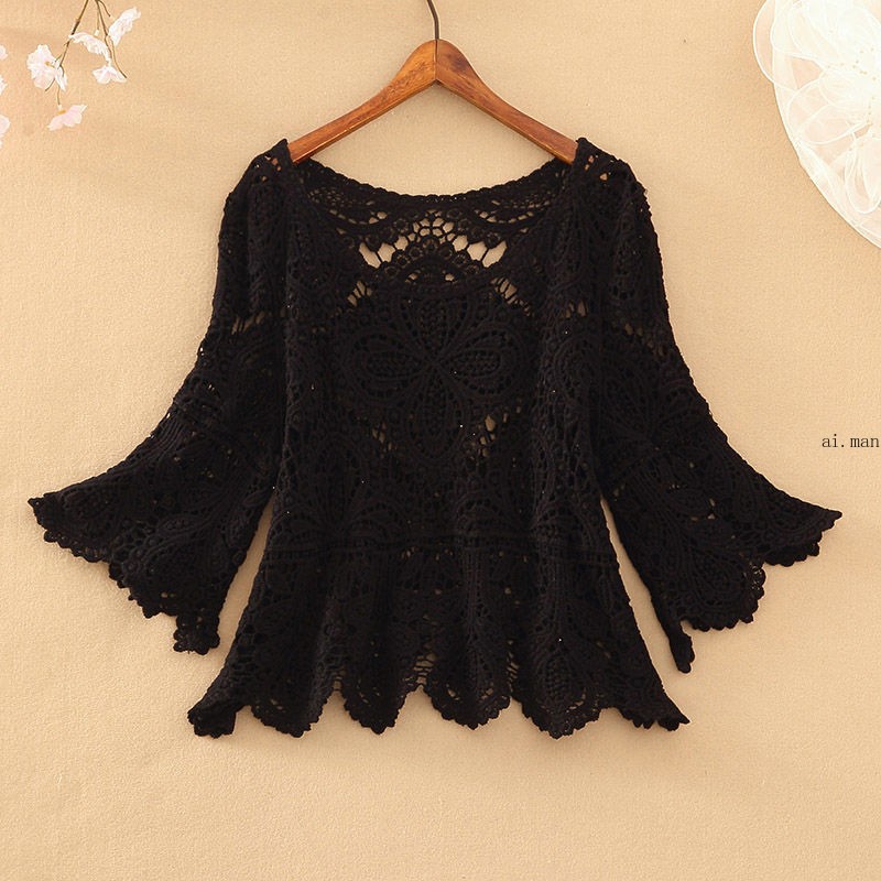Women Crochet Crop Top Half Sleeve Hollow Bolero Shrug Shawl Sun Protection Top