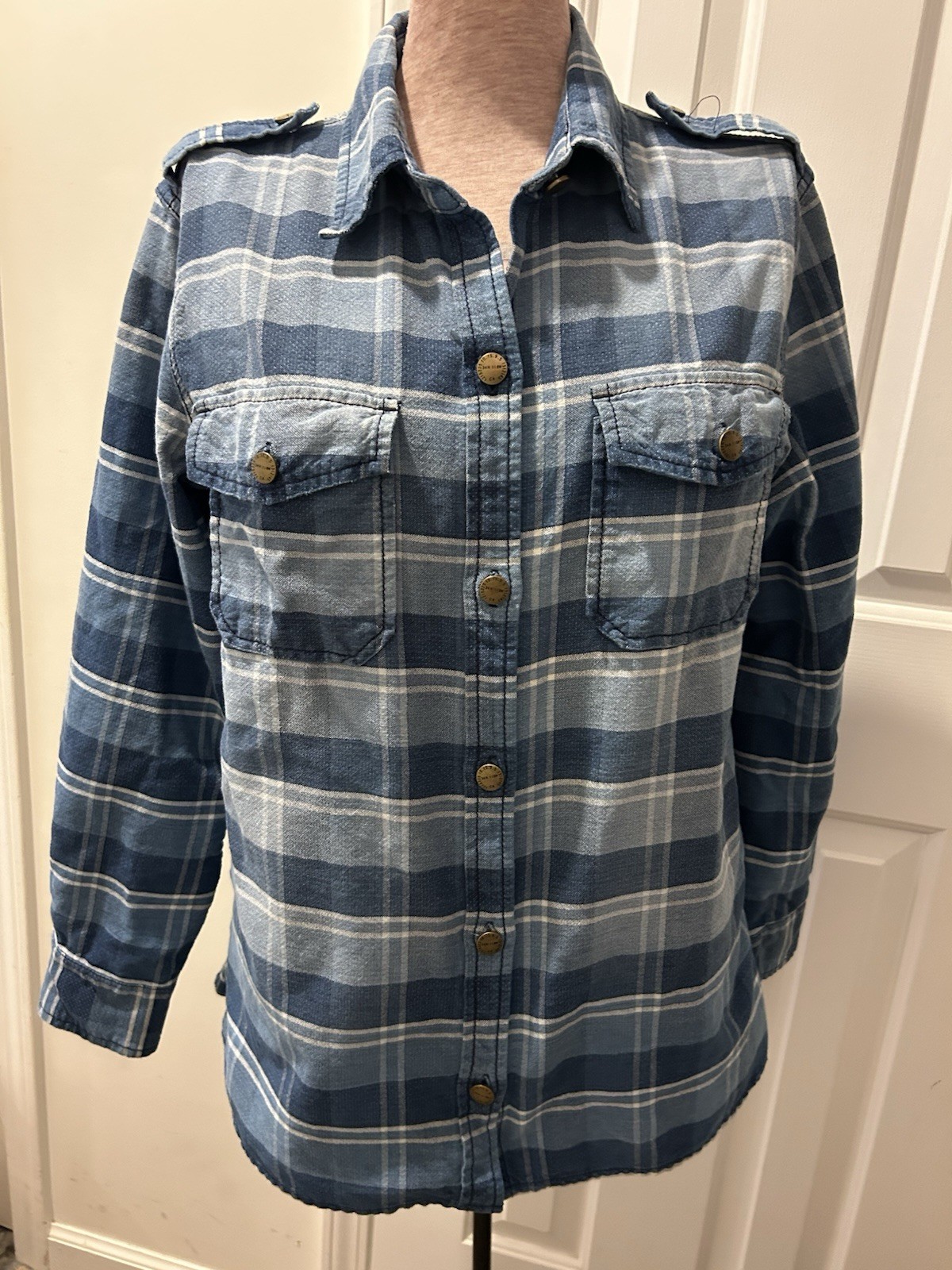 CURRENT ELLIOTT Blue Denim Striped Check Shirt M Button Down Perfect Collared