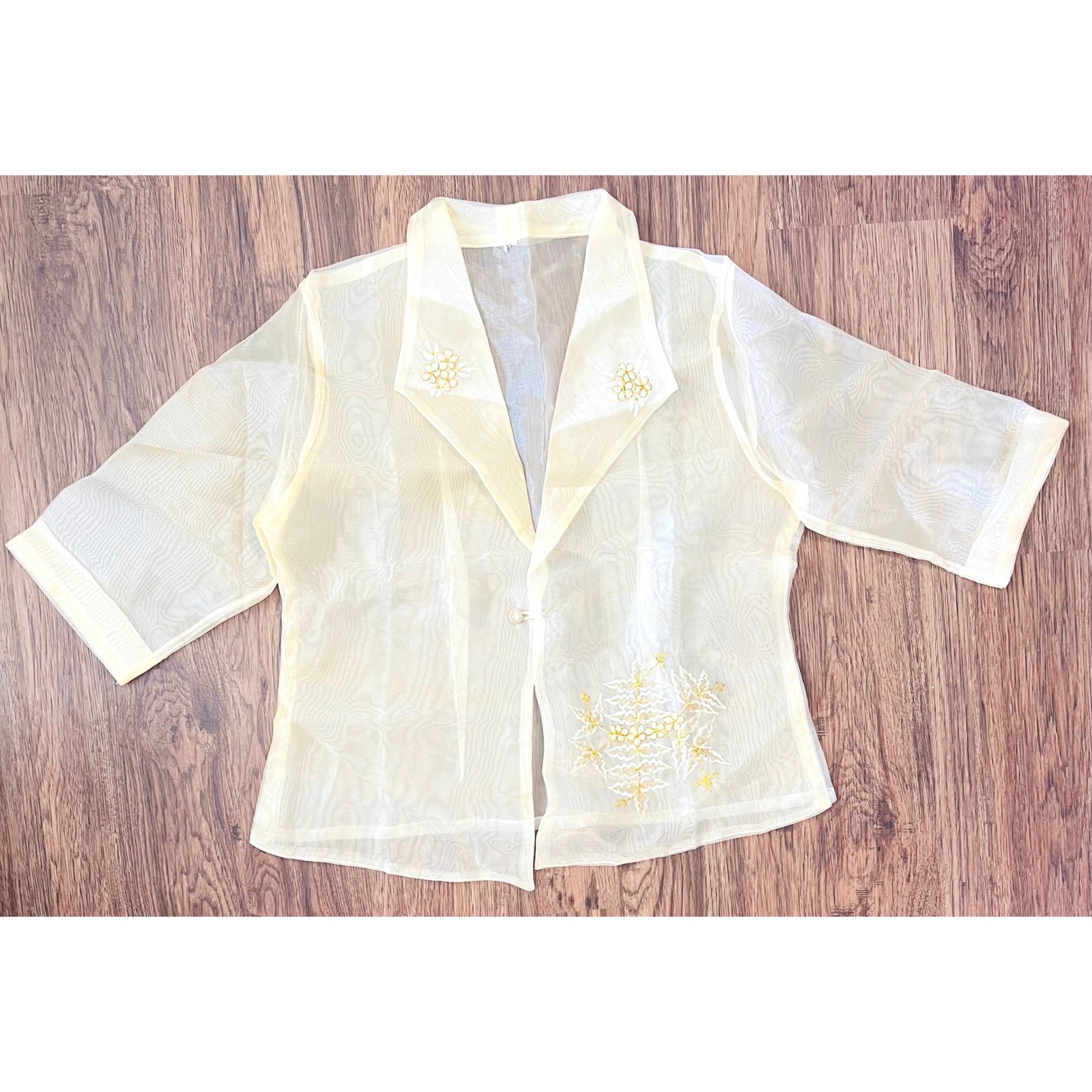 Vintage Cream Sheer Embroidered Blouse Gold Floral Organza Top XL Barong Tagalog