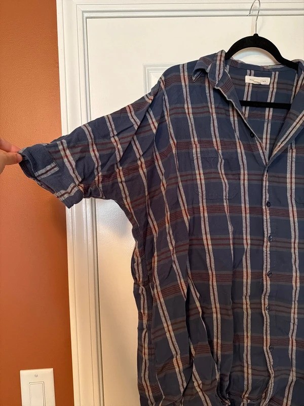 Women’s basin + range cotton blue green and red plaid 3/4 sleeve oversized dress