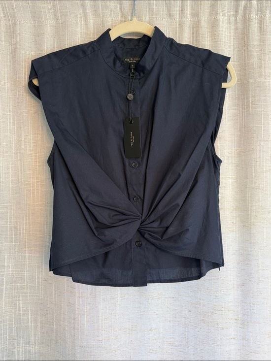 NWT- Sz 4- rag & bone Navy Twist-Front Sleeveless Button-Down Top