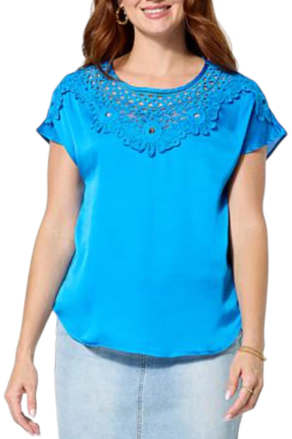 DG2 by Diane Gilman Women’s Crochet Lace Yoke Dolman Top Tile Blue