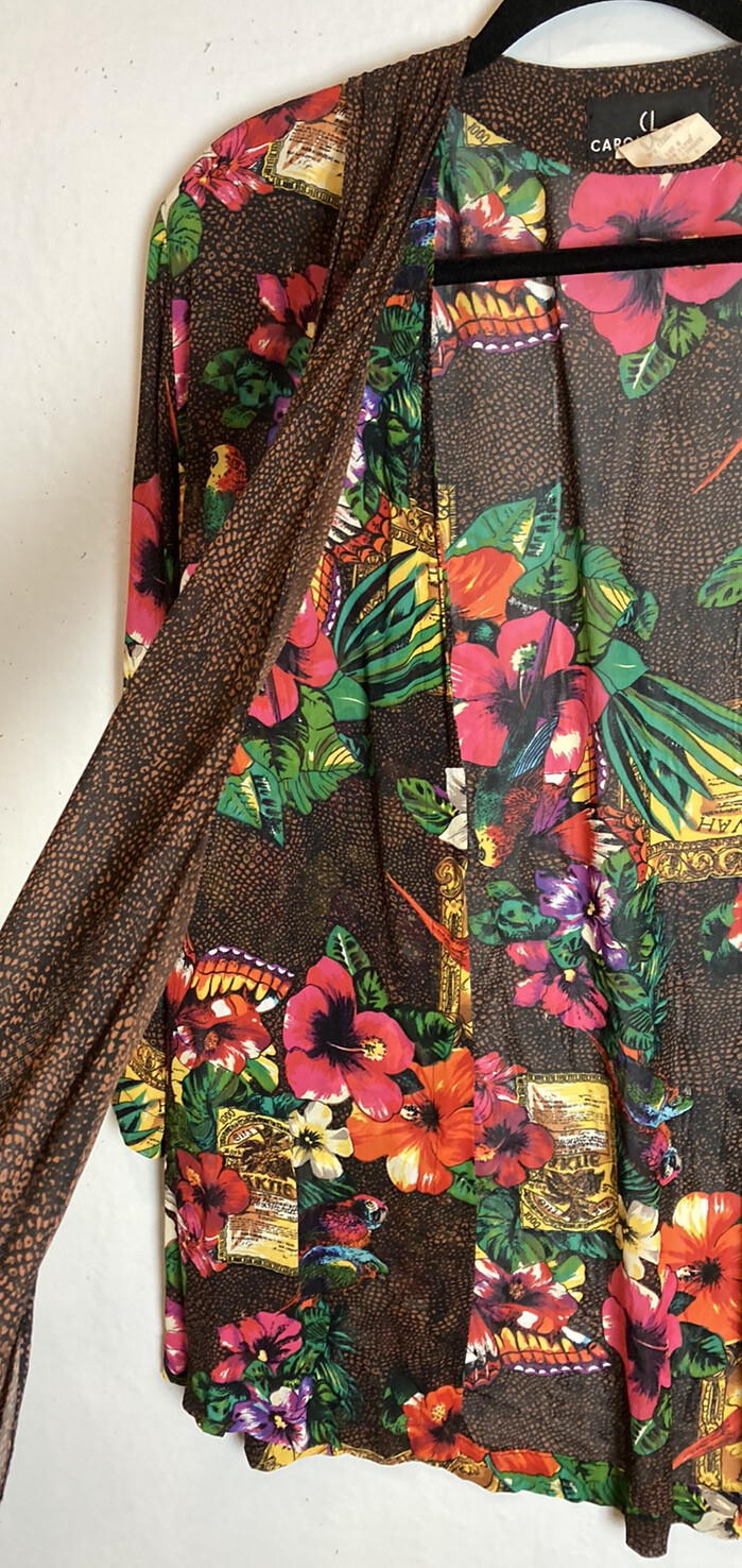 Vintage Carole Little Chiffon Jacket Top Size 6 Dark Floral Grunge 90s Colorful