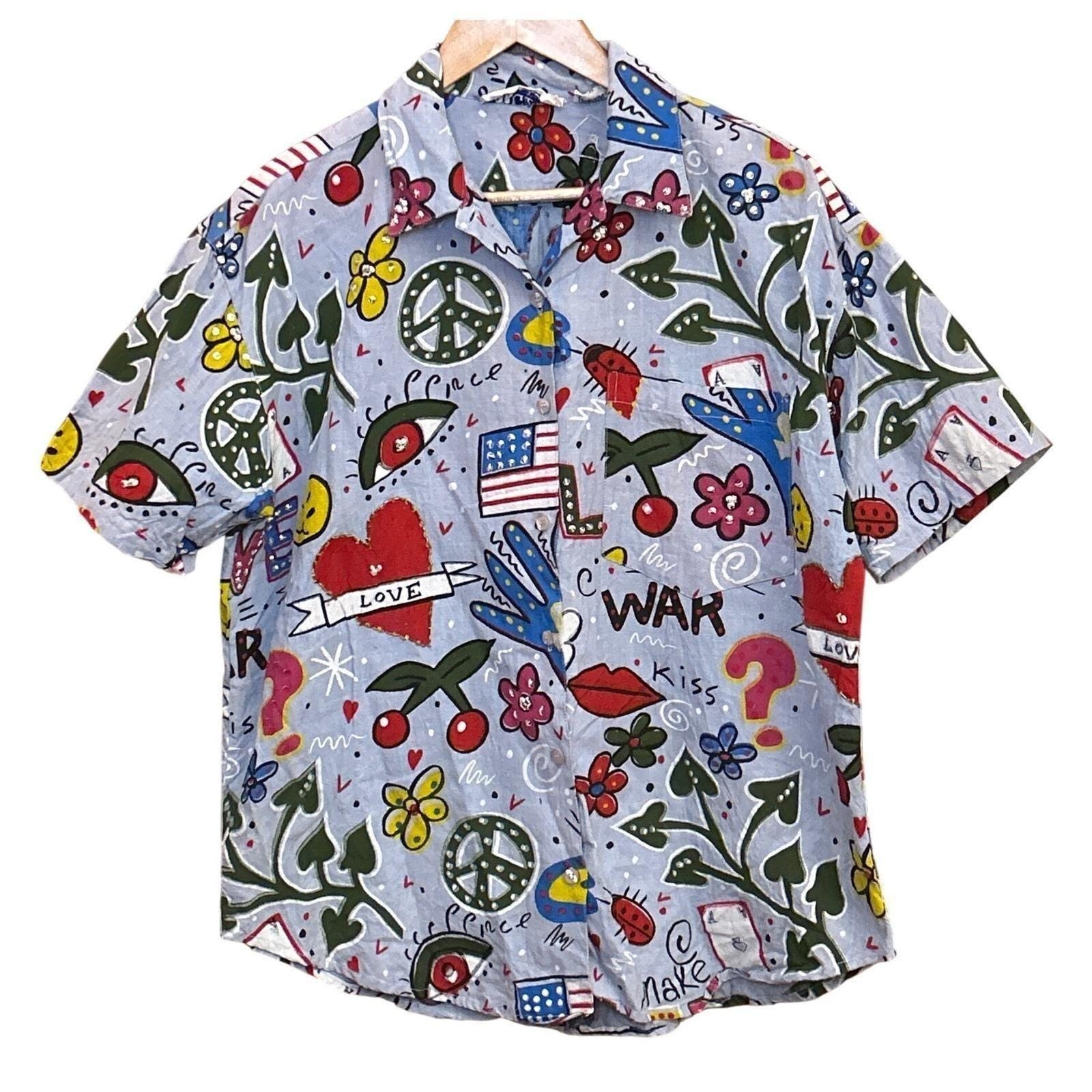 Y2K Vintage Tangibles Whimsy Novelty Peace Love Graphic Button Up Shirt Pop Art