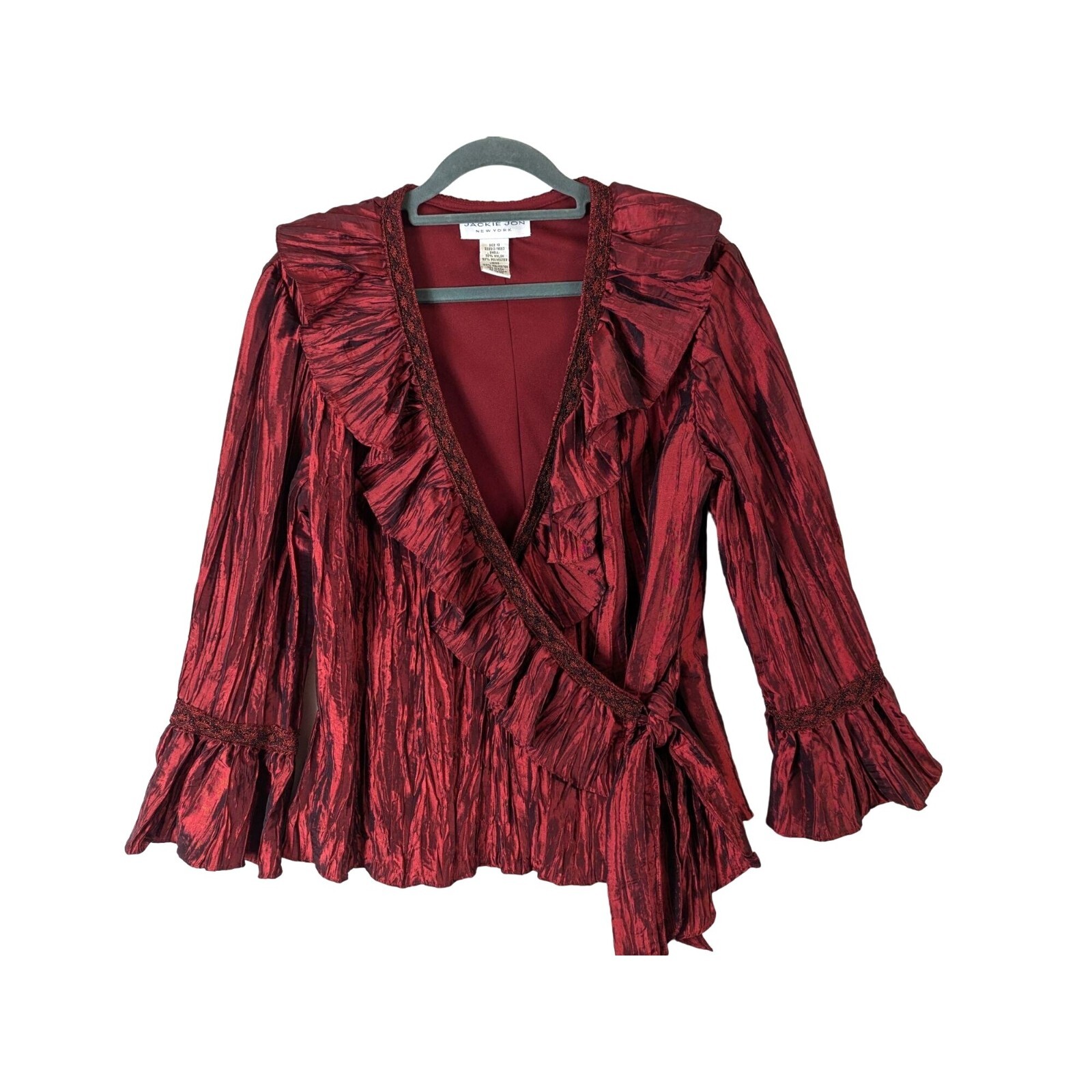 Jackie Jon NY Women sz 10 Blouse Wrap Red Bell Sleeve Elegant Top Holiday Party