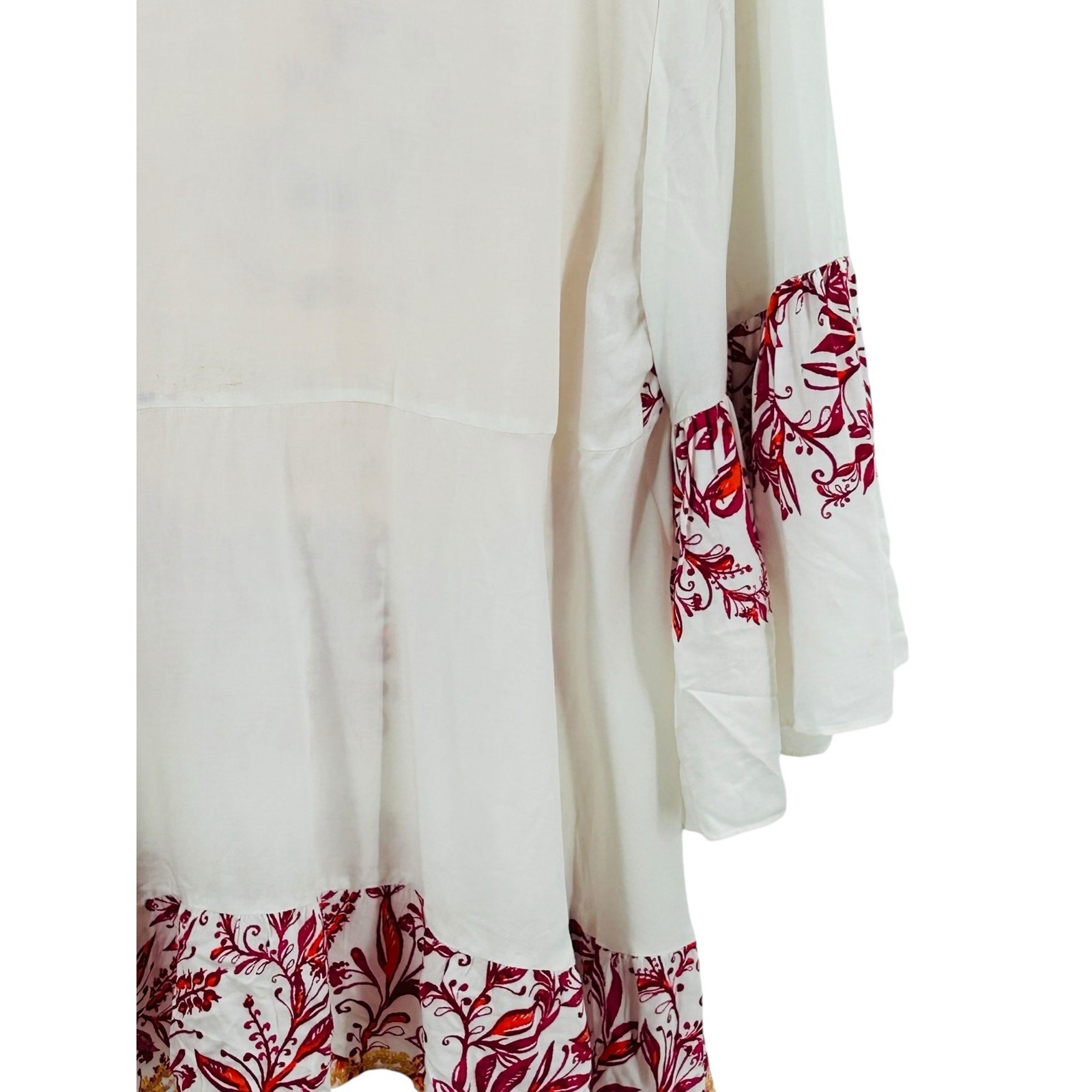 Robert Louis Boho Bell Sleeve Floral Tunic Top White Red Large