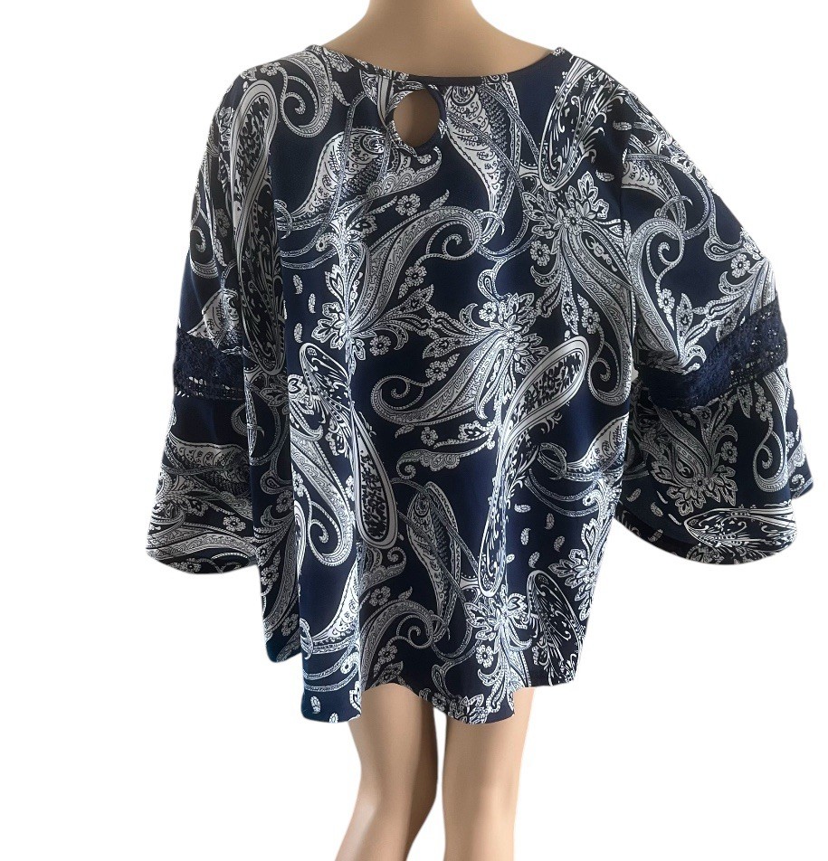 Roommates Women’s Tunic Paisley Floral Blue White Flare Sleeves Plus Size 3X