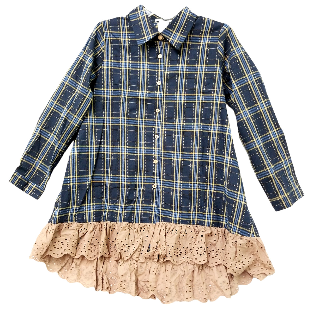 Paisley Vine Women Plaid Long Sleeve Large Eyelet Ruffle Lace Trim Navy Tan New
