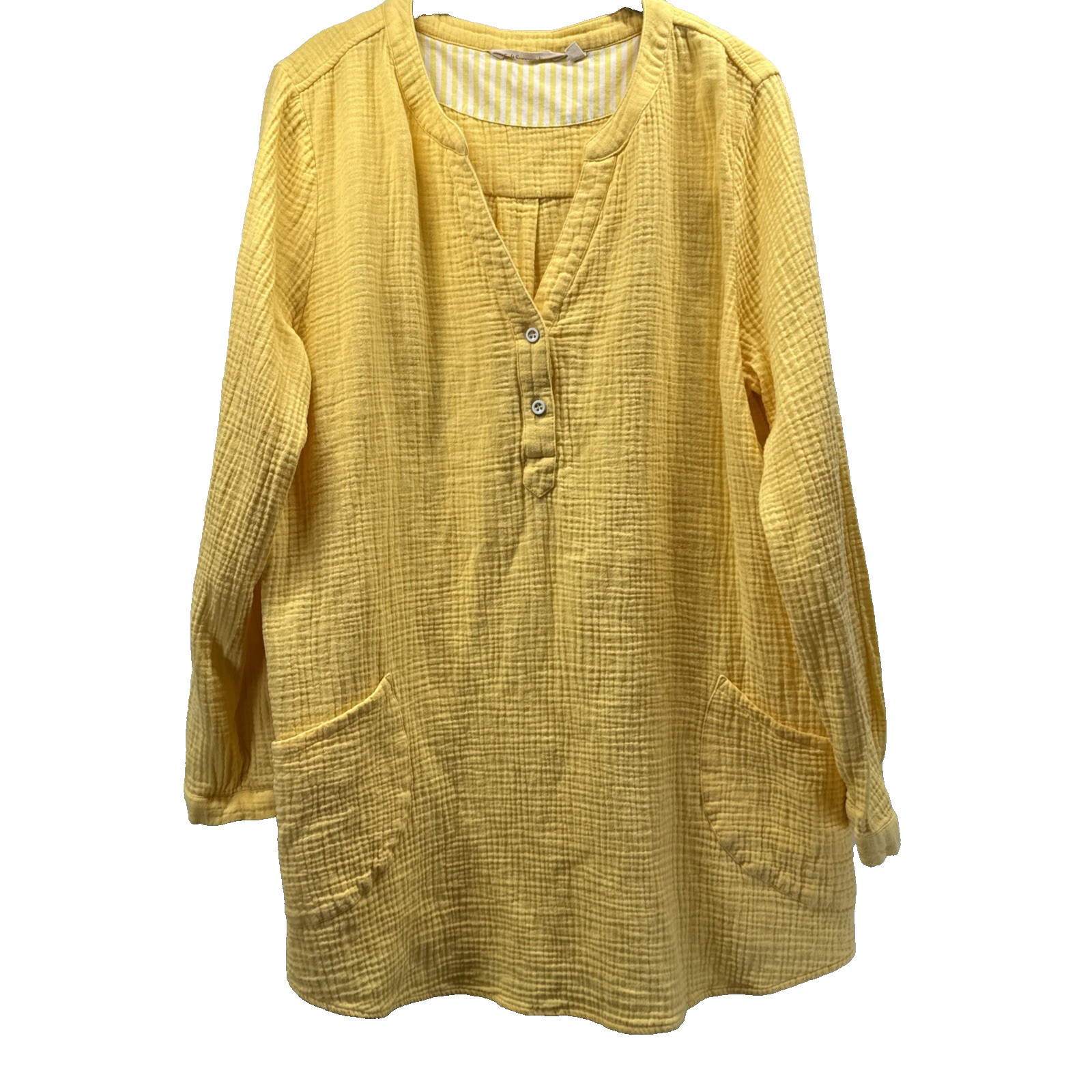 Soft Surroundings Top XL Yellow Tunic Santorini Cotton Gauze Tunic Pocket V Neck