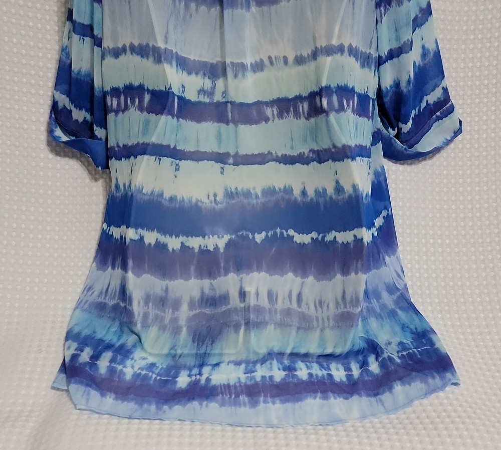 Tie Dye Blouse Tunic Top Women Size 1 M Medium Blue White 3/4 Sleeve Sheer