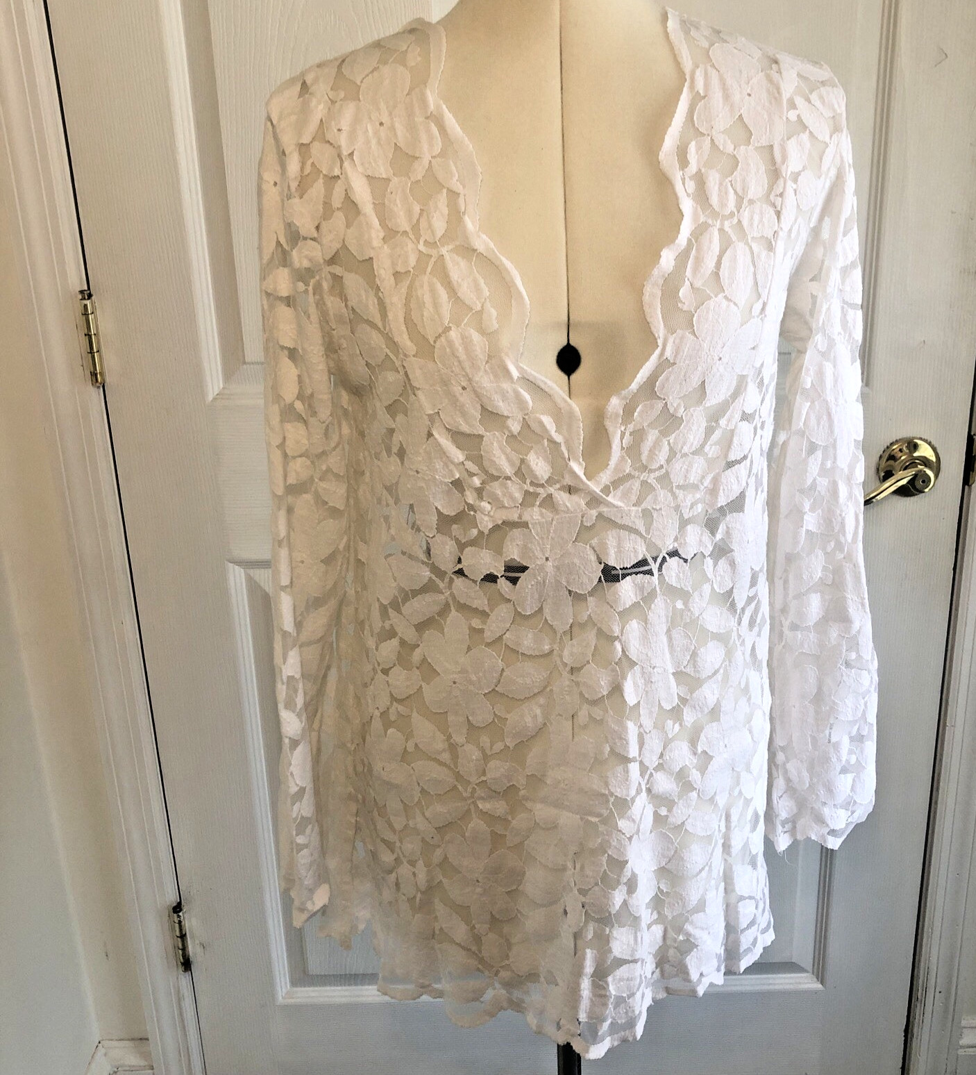 Vtg J Valdi Boho Beach cover up tunic White semi sheer lace size SM Resortwear