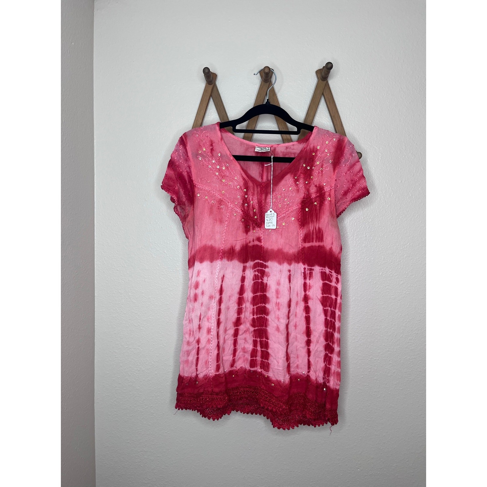 Vintage Pink Tie Dye Embroidered Beaded Short Sleeve Tunic Top OS