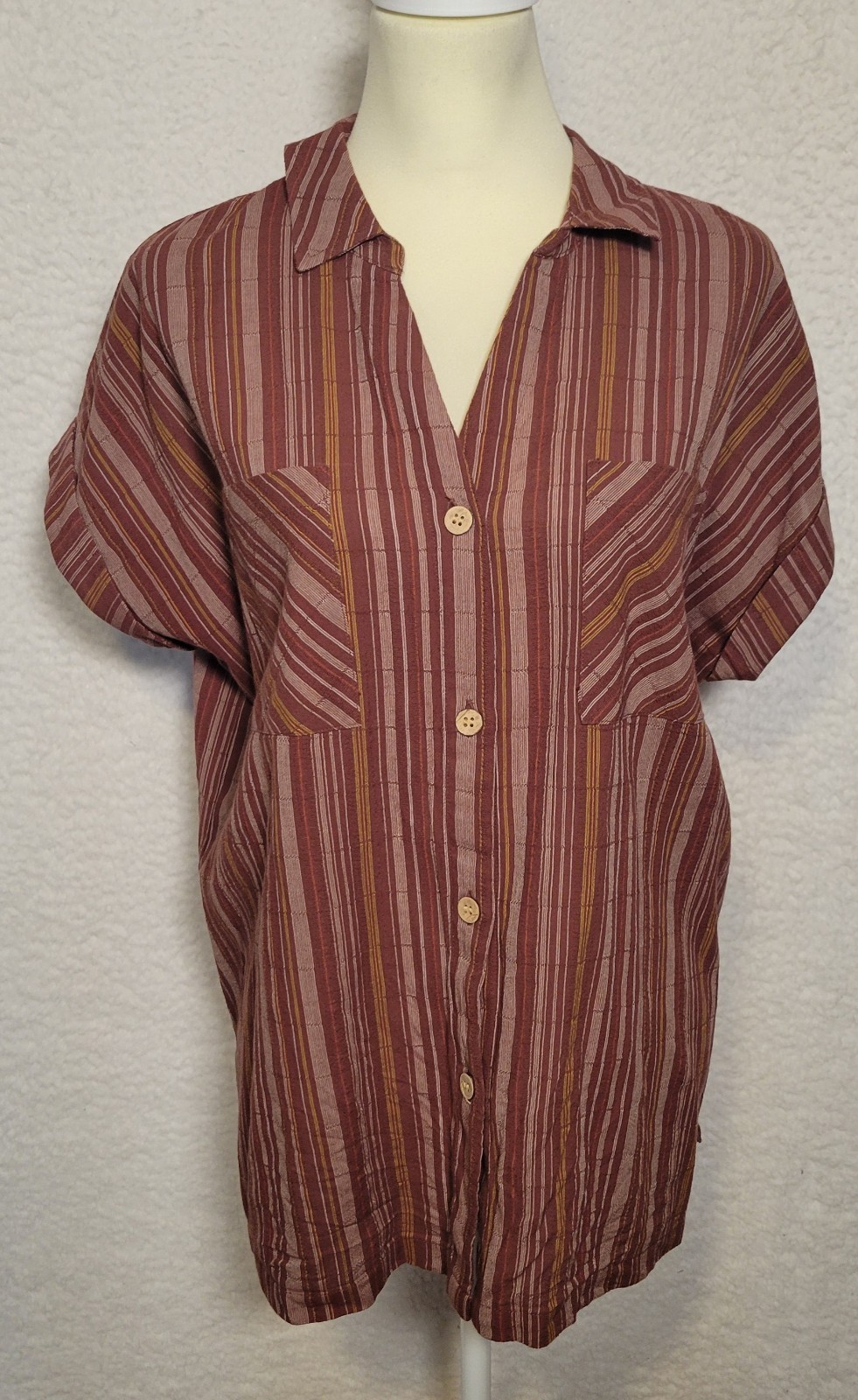 ANA A New Approach Women’s Size L Striped Blouse Top Short Sleeve Button 0998