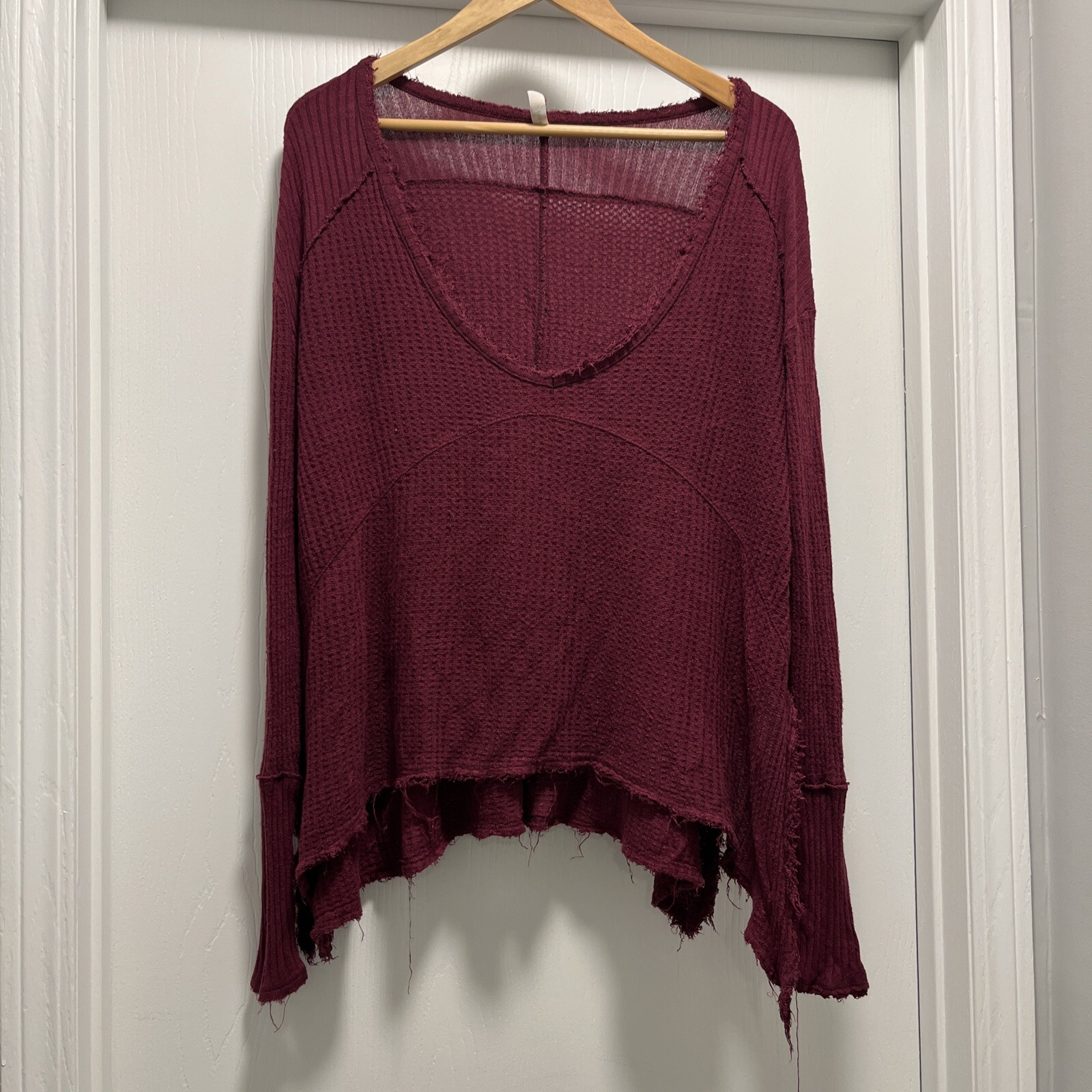 Free People Thermal Sunset Park XS Maroon waffle knit distressed very oversized