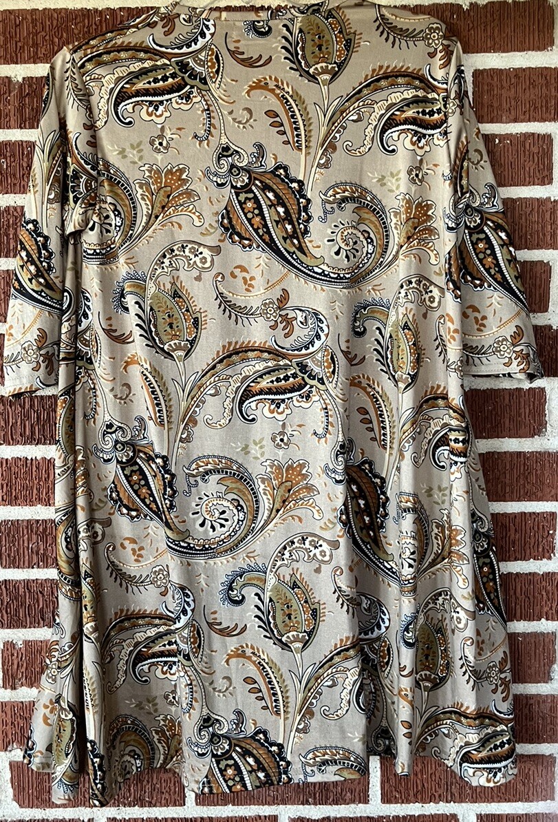Southern Charm Tan Paisley Print Stretchy Tunic 3/4 Sleeves Size Large