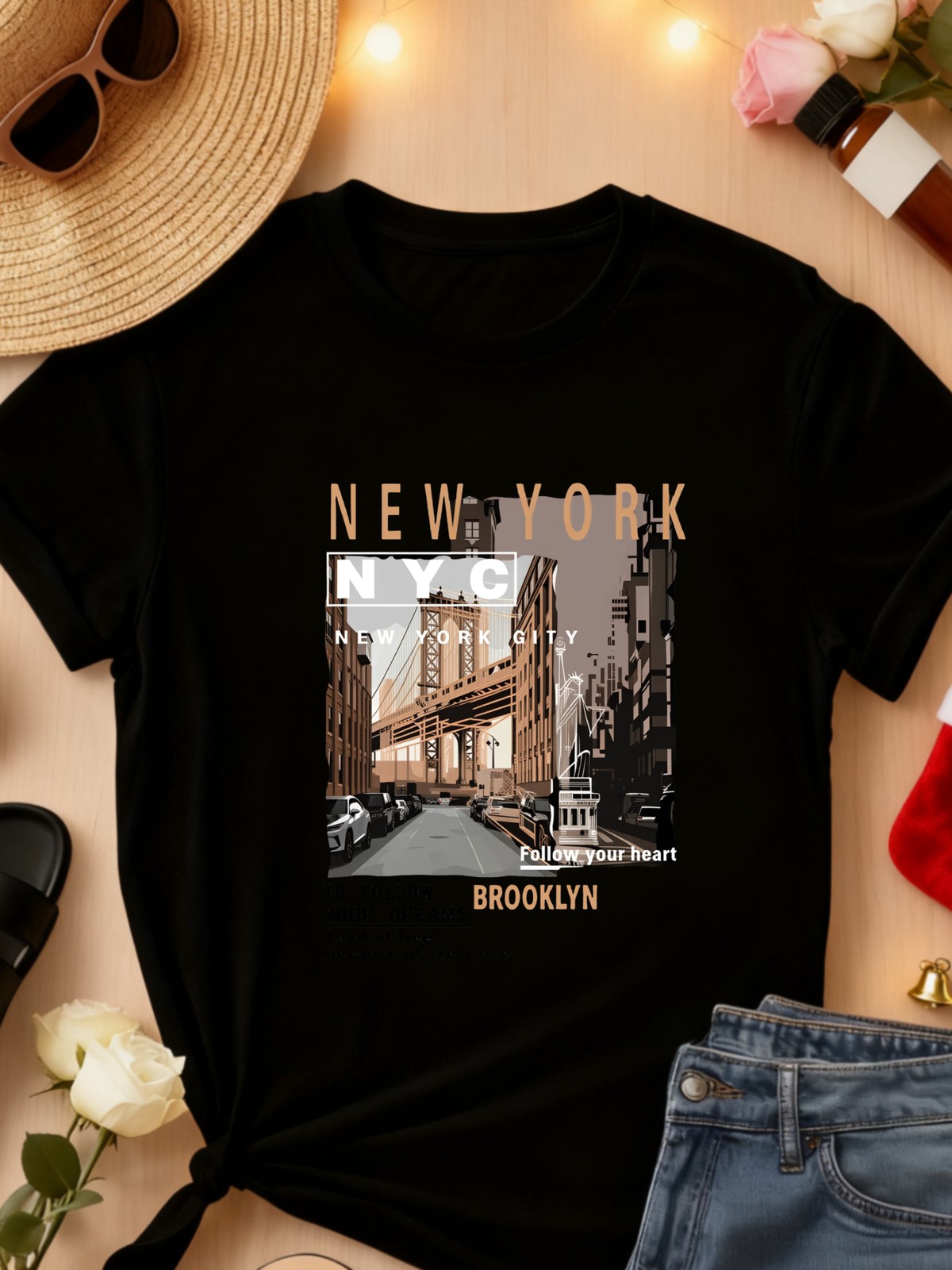 Women Brooklyn Bridge New York City Graphic T-Shirt NYC Travel Casual Tee Top
