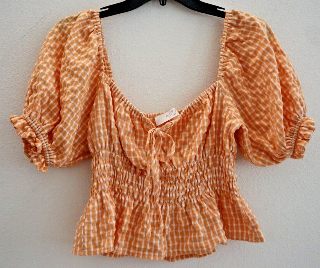 ASTR The Label ALT17038B-003 Women’s Sz S Orange Check Puff Sleeve Smocked Top
