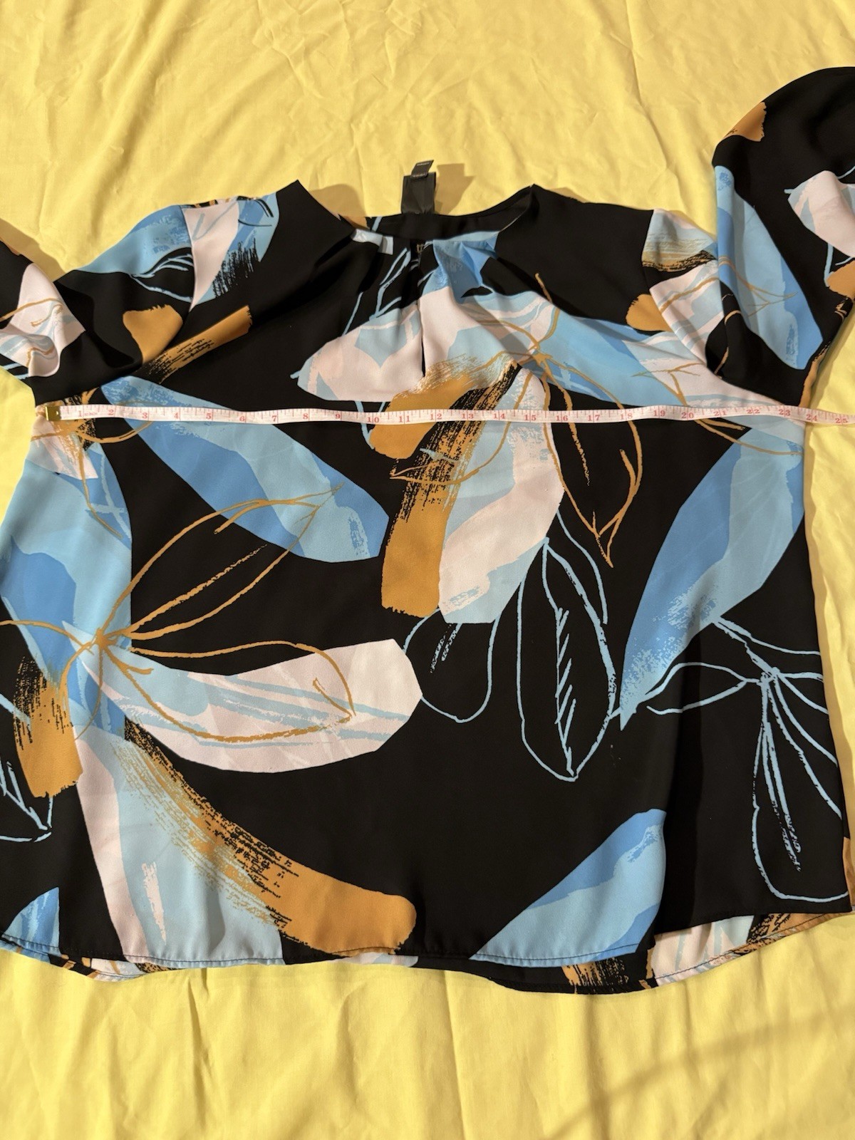 Black Floral Abstract Long-Sleeve Blouse with Blue & Tan Accents WORTHINGTON XL