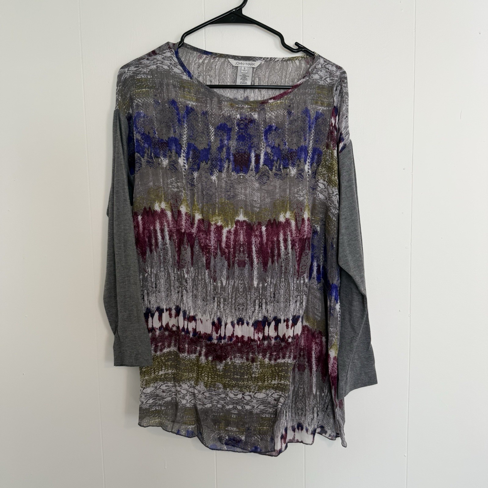 John Mark Abstract Print Overlay Top Gray Purple Blue Layered | Size S