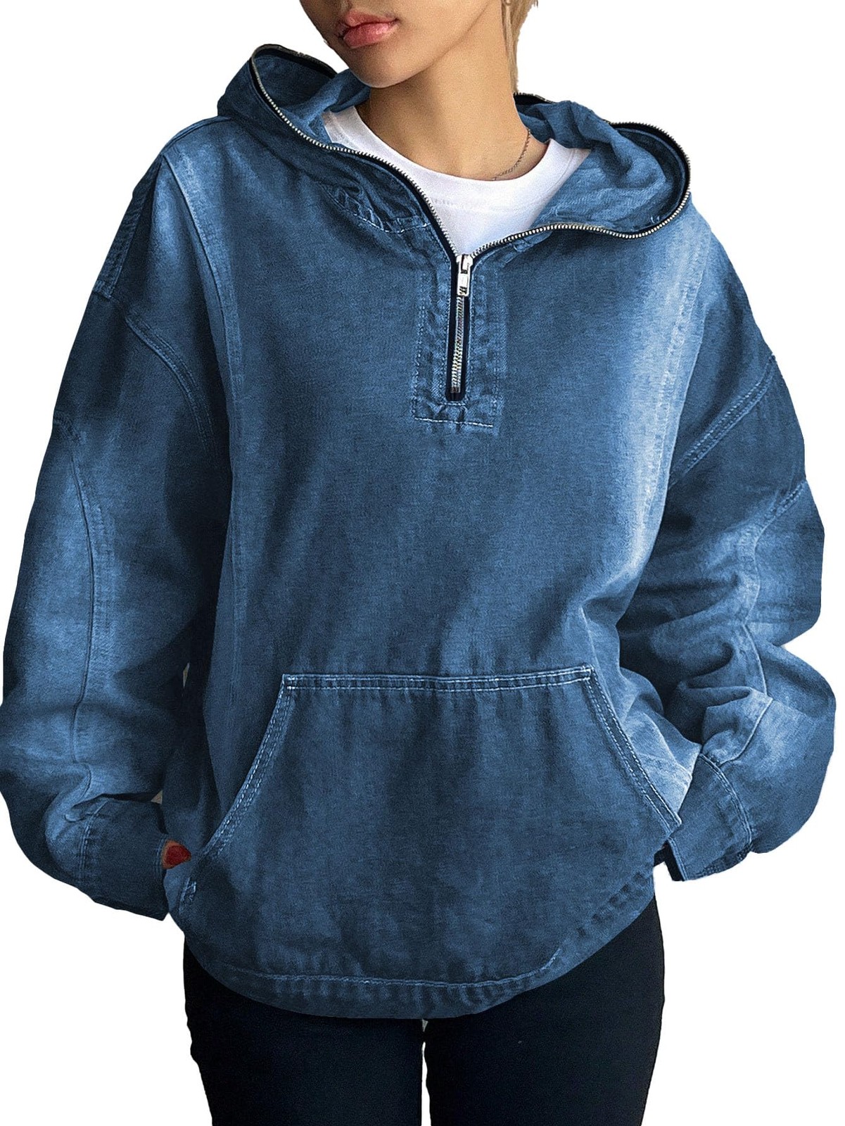 Women’s Half Zip Denim Hoodie Pullover Sweatshirt Jean Jacket with Pocket Dar…