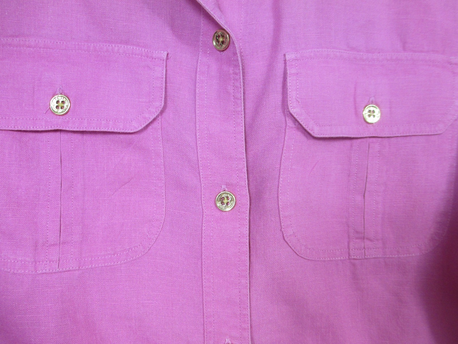 Lauren Ralph Lauren Womens Pink 100% Linen Roll Tab Gold Button Down Shirt S