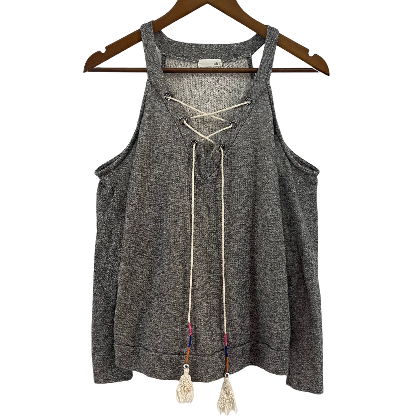 jella c Shirt Womens Small Grey Boucle Cold Shoulder Pullover with Tassels